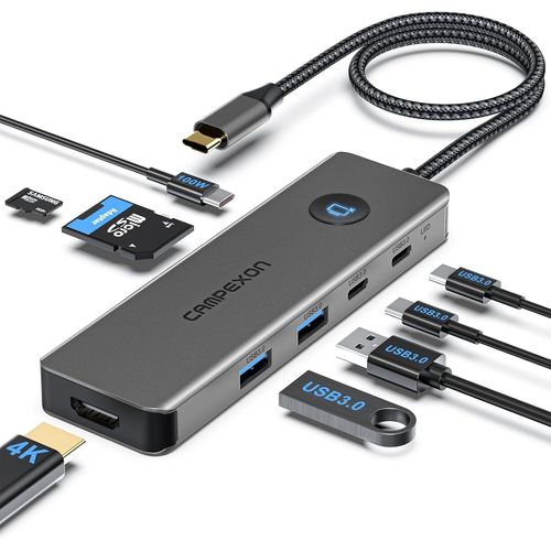 ERSHI-Hub USB C, 8-in-1 USB Hub 3.0 avec 4K HDMI, 2*USB-A 3.0, 2*USB-C 3.0-Port des Donnes, PD 100W, SD/TF Lecteur Carte (Gris)[1124]