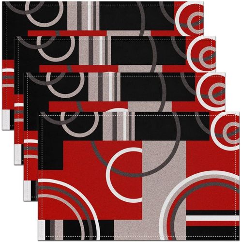 Ershi- Lot De 4 Sets De Table Modernes  Rayures Rouge Grise Noir, Tapis De Table Gomtriques, Sets De Table Rtro Tourbillons, Se[496]