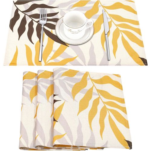 Ershi- Set De Table Lavable Lot De 4 Jaune Brun Gris Feuilles Sets De Table Polyester Nature Moderne Set De Table Feuille Impermab[3195]
