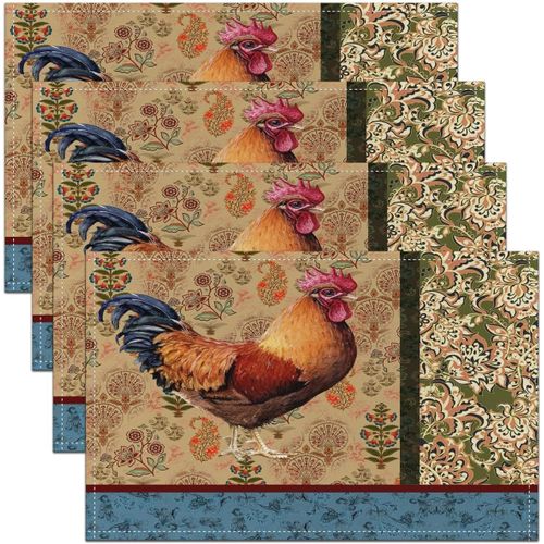 Ershi- Sets De Table Rtro En Tissu Lavable Motif Coq - Style Rustique - Motif De Ferme - Motif De Poulet - Dcoration De Chambre [3777]
