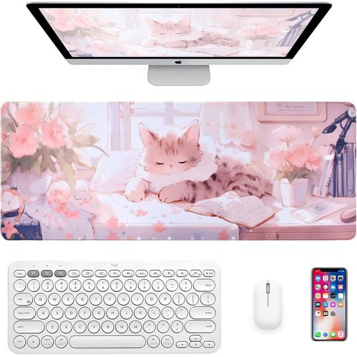 ERSHI-Tapis de Clavier de Jeu Anim Grand, Gaming Tapis de Souris avec Base Antidrapante, sous-Main avec Joli Motif de Chaton, Ta[2