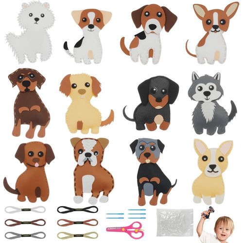 ERYI-12 Pcs Kit De Couture Enfant, Kits De Couture En Feutre De Couture Chiots Mignons Pour Enfants  Partir De 6 Ans, Avec Fil  Broder/Aiguilles En Plastique/Rembourrage En Coton