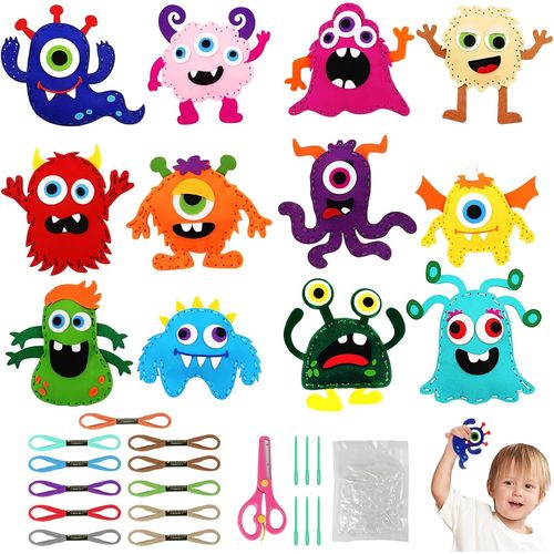 ERYI-12 Pcs Kit De Couture Enfant, Kits De Couture En Feutre De Couture Monstres Pour Enfants  Partir De 6 Ans, Avec Fil  Broder/Aiguilles En Plastique/Rembourrage En Coton