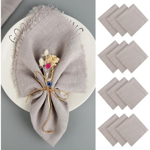 Eryi-12 Pices Serviettes De Table En Tissu, 42 X 42 Cm Serviette De Table Coton Avec Franges Pour Anniversaire, Mariage Dcoration (Gris Clair)