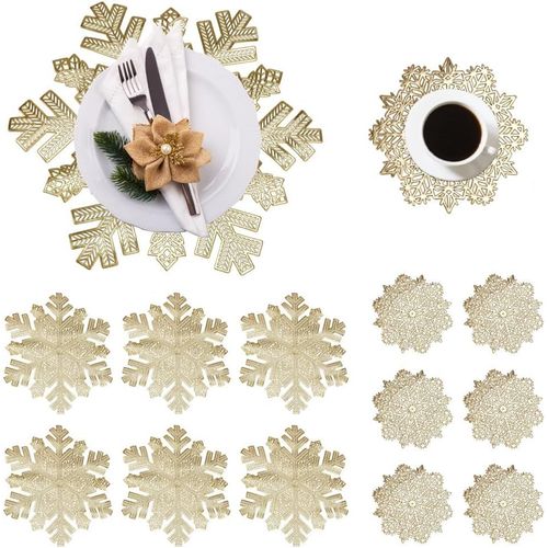 Eryi-12pcs Sets De Table Et Dessous De Verre Tapis De Table De Nol Et Sous-Verres En Forme De Flocon De Neige Napperon En Pvc (Dor, 38cm)