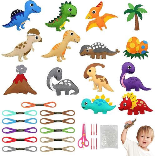 ERYI-14 Pcs Kit De Couture Enfant, Kits De Couture En Feutre De Couture Dinosaures Pour Enfants  Partir De 6 Ans, Avec Fil  Broder/Aiguilles En Plastique/Rembourrage En Coton