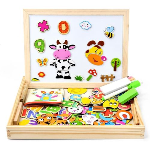 ERYI-163 Pcs Puzzles En Bois Magntique Tableau Chevalet Enfant Tableau Double Face Aimant Puzzle Magntique Planche  Dessin Stylos Colors Craies-Design Jungle-Jouet Educatif Enfant 3 Ans Plus