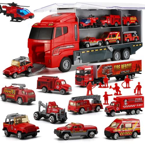 Eryi-19 En 1 Camion De Pompier Avec Modle Pompier, Camion De Pompiers De Secours D'urgence Comme Un Cadeau De Fte De Nol Pour Enfants,Mini Camion Pompier Jouet Dans Vhicule De Transport