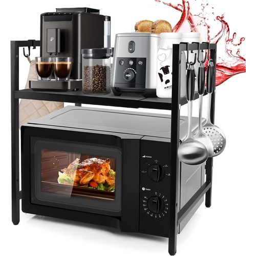 ERYI-2 Niveaux Support De Four  Micro-Ondes Extensible, Support De Four  Micro-Ondes Avec 6 Crochets, Etagere Rangement Cuisine Four  Micro Ondes, 40-64Cm, Noir
