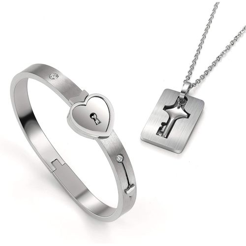 Eryi-2 Pices Bracelet Jonc Avec Serrure Et Pendentif Chane Cl Ensemble Kit, Bracelets Cadenas Et Cles Acier Inoxydable,Bijoux Femmes Hommes Collier Pour Couple Amoureux Paare Partenaire Amiti Cad