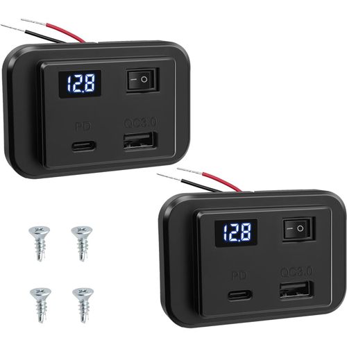 Eryi-2pcs 12v Prise De Chargeur Usb C De Voiture Avec Interrupteur Et Voltmtre Led 40w Pd2.0+Qc3.0,Dc12v-26v Panneau De Usb Commande Charge Rapide Adaptateur Pour Bateaux Camping Car Camion