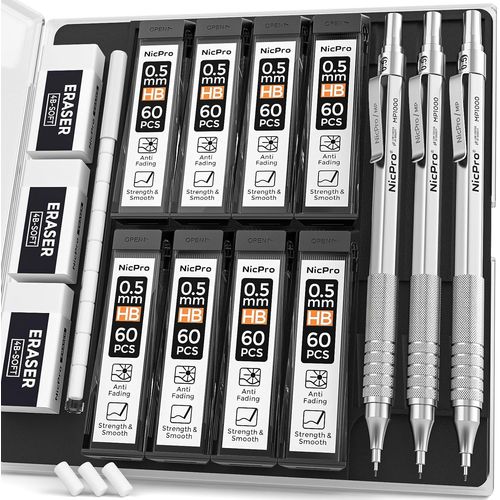 Eryi-3 Pices Automatique Porte-Mines, Crayon Mcanique Criterium 0.5 Mm Avec 6 Tubes De Recharge Et Gommes, Porte Mine Pour crire Rassembler, Dessin, Sketch, Come Avec tui