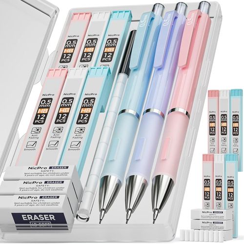 Eryi-3 Pices Pastel Porte-Mines 0.5 Mm, Art Mignon Crayon Mcanique Criterium Avec 6 Tubes Hb Mines, Gommes, Trousse Pour Enfant tudiant Dessin Esquisse criture