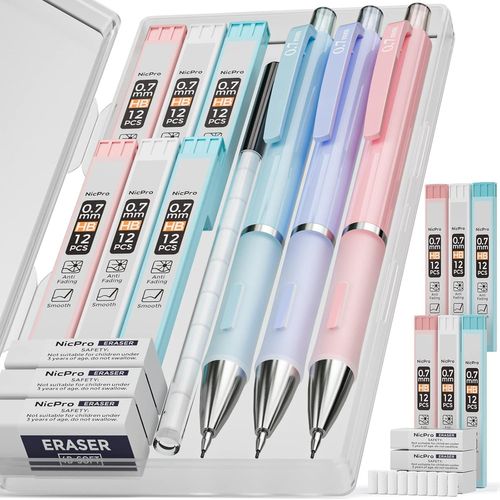 Eryi-3 Pices Pastel Porte-Mines 0.7 Mm, Art Mignon Crayon Mcanique Criterium Avec 6 Tubes Hb Mines, Gommes, Trousse Pour Enfant tudiant Dessin Esquisse criture