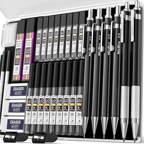 Eryi-34 Porte Mines D'art Noirs, Porte Mines Mtal 0.3, 0.5, 0.7, 0.9 Mm & 2 Criterium 2mm (Couleurs 6b 4b 2b Hb 2h 4h) Pour Le Dessin D'esquisse Avec tui De 19 Recharges De Mines En Tube