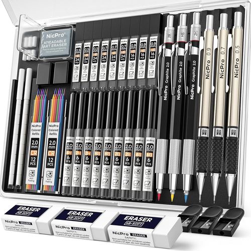 Eryi-35 Pices Porte-Mines Artistiques En Mtal, Crayon Mcanique Criterium 0,5, 0,7, 0,9 Mm Et 3 Pices Porte Mine 2 Mm Avec 20 Tubes De Recharges(Couleurs 6b 4b 2b Hb 2h 4h) Pour Dessin D'esquisse