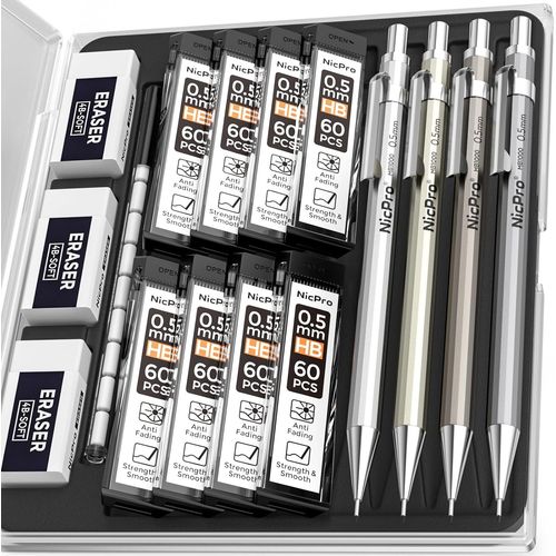 Eryi-4 Pices Mtal Porte-Mines 0,5 Mm Avec tui, Art Crayon Mcanique Criterium Avec 8 Tubes De Recharge Hb Et 3 Gommes, 9 Recharges De Gommes, Porte Mine Pour crire, Esquisse, Dessin