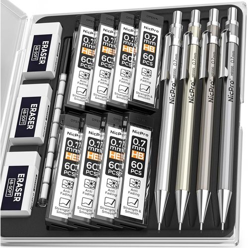 Eryi-4 Pices Porte-Mines 0,7 Mm Avec tui, Metal Mcaniques Crayons Critrium 0,7 Avec 8 Tube Recharges Hb, 3 Gommes, Porte Mine Pour L'criture D'artistes, L'esquisse, Le Dessin