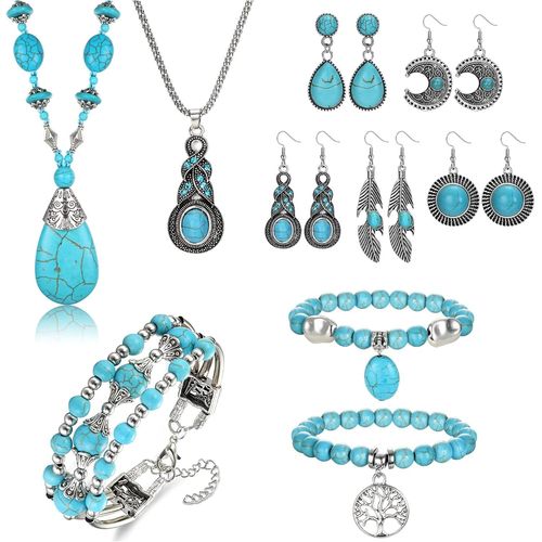 Eryi-Bohemian Turquoise Bijoux Set Femmes Western Turquoise Pendentif Collier Layered Wrap Bangle Bracelet Turquoise Vintage Turquoise Dangle Boucles DOreilles Boho Bijoux Pour Femmes