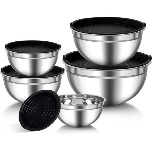 Eryi-Bols  Mlanger En Acier Inoxydable, Lot De 5 Saladiers Avec Couvercles Hermtiques, 0.7l/ 1.1l/ 1.5l/ 2.7l/ 4.5l Empilables Et Lave-Vaisselle, Ustensiles De Cuisine Pour Stockage Et Mlange