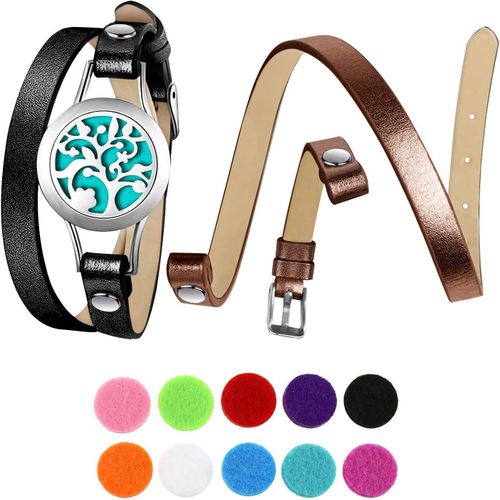 Eryi-Bracelets De Diffuseur D'huile Pour Femmes - 1 Mdaillon D'aromathrapie, 2 Sangles Alternatifs En Cuir Pu, 10 Tampons De Recharge, Cadeau De Bijoux Pour Mre Amie S?ur Enseignant