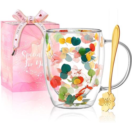 Eryi-Cadeaux Pour Femmes Tasse  Caf En Verre  Double Paroi Avec Fleurs Sches Jolies Tasses  Th Avec Poignes Isoles Cadeaux De Nol Et D'anniversaire Pour Votre Meilleure Amie Professeure Mam