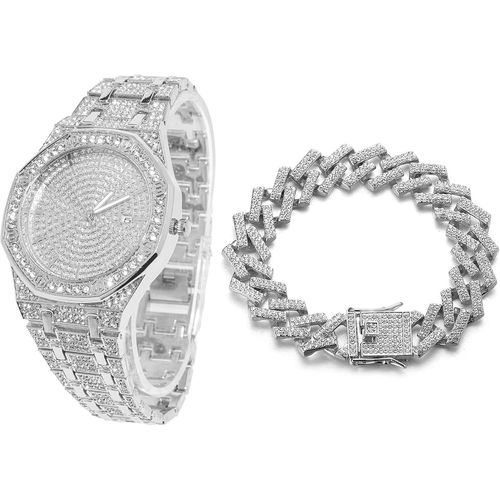 Eryi-Cadran Octogonal Diamants Montre En Or Iced Out, Hommes Plaqu Or Rel 18k/Or Blanc Platine Quartz Bracelet 22cm, Avec Chane De Cubains Collier Et Bracelet Options, Avec Bote Cadeau
