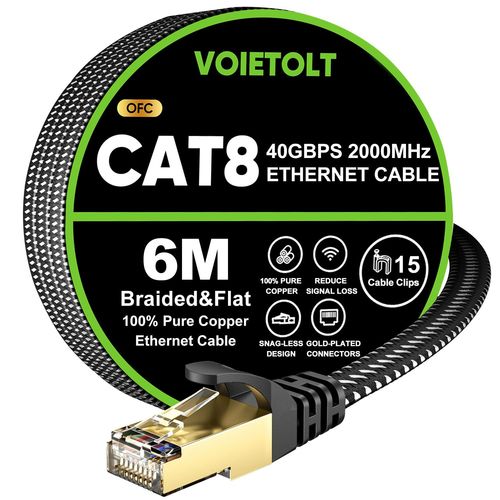 ERYI-Cat 8 Cble Ethernet 6M, 40Gbps/2000Mhz Haut Dbit S/Ftp Cable Internet, Plat Tresse Rj45 Gigabit Cable Lan Pour Ps4/5, Ordinateur, Modem, Pc, Tv