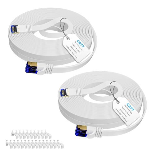 ERYI-Cat7 Cble Ethernet Plat 2M+2M-Blanc,Cble Lan Haut Dbit, Cble Internet 10Gbps 600 Mhz Avec Prise Rj45,Poe,Ftp,Cble Rseau Pour Routeurs, Commutateurs, Modems, Avec 25 Clips De Cble
