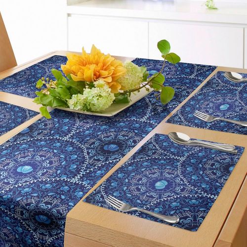 Eryi-Chemin De Table Bleu Fonc Et 4 Sets De Table, Motifs Circulaires Et Floraux De Style Oriental, Ensemble De Dcoration De Table, 180 Cm X 40 Cm, Bleu Marine Blanc Et Bleu