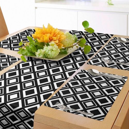Eryi-Chemin De Table Noir Et Blanc Et 4 Sets De Table, Fond Uni Avec Motif Diagonal En Forme De Carr-Ensemble De Dcoration De Table Gomtrique Moderne, 180 X 40 Cm, Blanc Et Noir