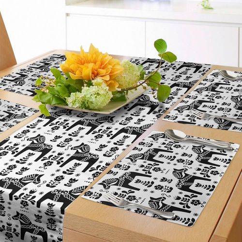 Eryi-Chemin De Table Nordique & Sets De Table 4 Pices, Art Populaire Sudois Avec Silhouettes De Cheval Dalecarlian Et Motifs, Ensemble De Dcoration De Table, 180 X 40 Cm, Noir Et Blanc