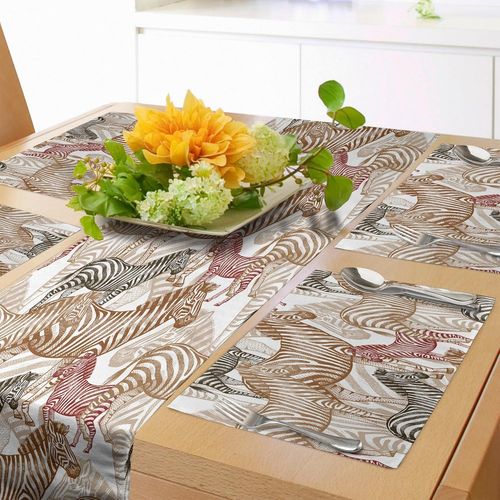 Eryi-Chemin De Table Zebra Et 4 Sets De Table, Camouflage  Motif Abstrait Animal De Savane Africaine Dessin  La Main, Ensemble De Dcoration De Table, 180 X 40 Cm, Vert Marron