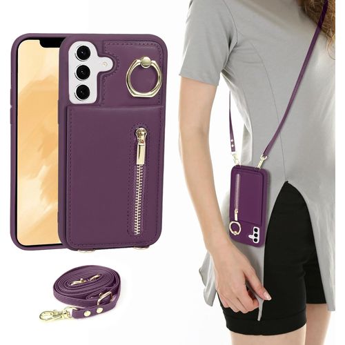 Eryi-Coque Pour Samsung Galaxy S24 Sangle Rglable Pour Femme tui Avec Zipp Portefeuille Avec Porte Carte Rfid Pochette Housse En Cuir Avec Rglable Anneau-Violet Fonce