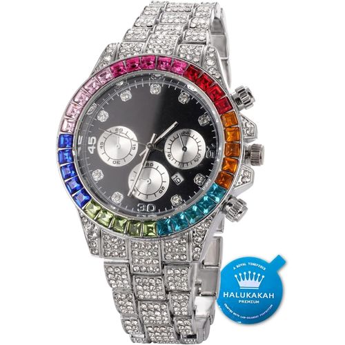 Eryi-Diamants Montre En Or,Homme Or Vritable 18k/Or Rose/Plaqu Platine Or Blanc 40mm Largeur Multicolore Noir Cadran Quartz Avec Chane Cubains Bracelet Collier,Bote Cadeau Gratuite