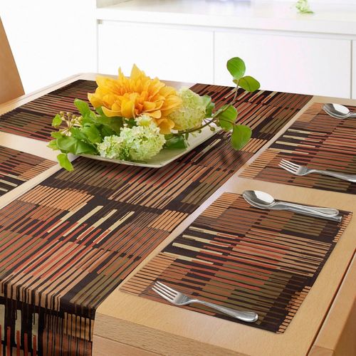 Eryi-Ethnique Chemin De Table & 4 Pices Napperons, Gomtrique Motif Rayures Terreux Tons Dessin  La Main Vertical Lignes Arrangement, Set De Table, 180 X 40 Cm, Marron Abricot
