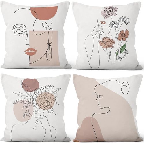 Eryi-Housse Coussin Abstrait Visage, Taie Oreiller Boho Rose Et Blanc Bohme Fleuris Motif Housse De Coussin Velours Taie D'oreiller Carr Housse Oreiller Pour Lit Salon Masion, Lot De 4, 40x40cm
