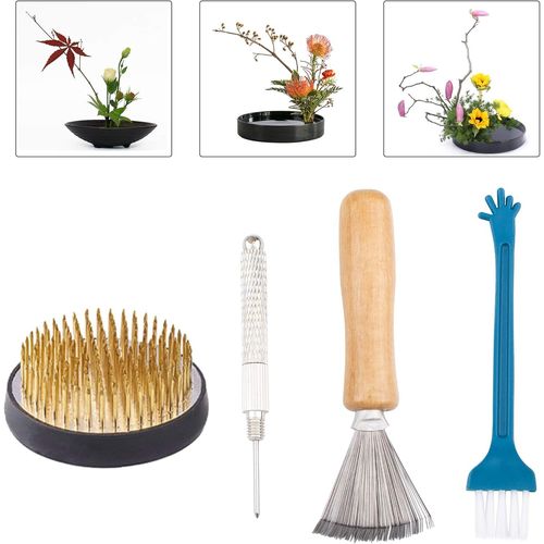 Eryi-Ikebana Lot De 4 Outils Ronds En Forme De Grenouille Avec Support De Fleur Et Outil De Lissage Et Brosses De Nettoyage Pour Arrangement Floral