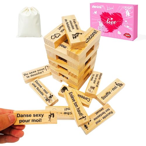 Eryi-Jeu De Tour De Blocs Coquins 48 Pices, Jenga Adulte Coquin Franais, Empilage Pour Couples, Mariage Sensuel, Surface Lisse Vernie Et Anti-Humidit (Version Bois 48pcs)