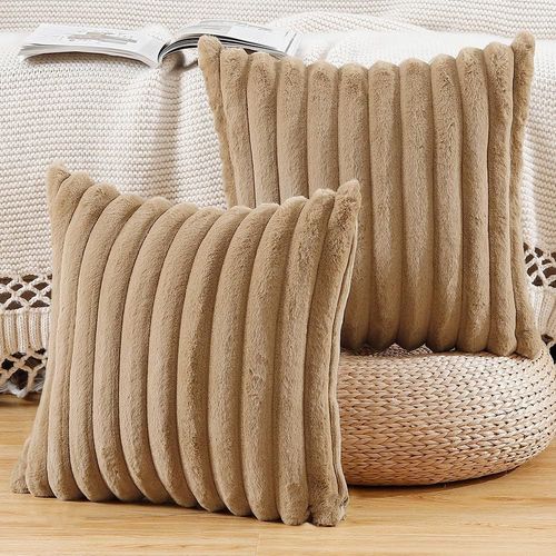 Eryi-Lot De 2 Housses De Coussin En Peluche En Fausse Fourrure Housse De Coussin Dcorative Douce  Rayures Moelleuses Pour Coussin De Chambre  Coucher De Canap Chameau 55 X 55 Cm