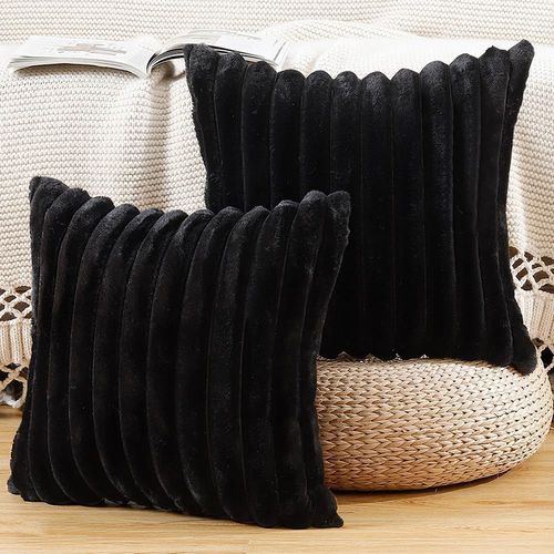 Eryi-Lot De 2 Housses De Coussin En Peluche En Fausse Fourrure Housse De Coussin Dcorative Douce  Rayures Moelleuses Pour Coussin De Chambre  Coucher De Canap Noir 45 X 45 Cm