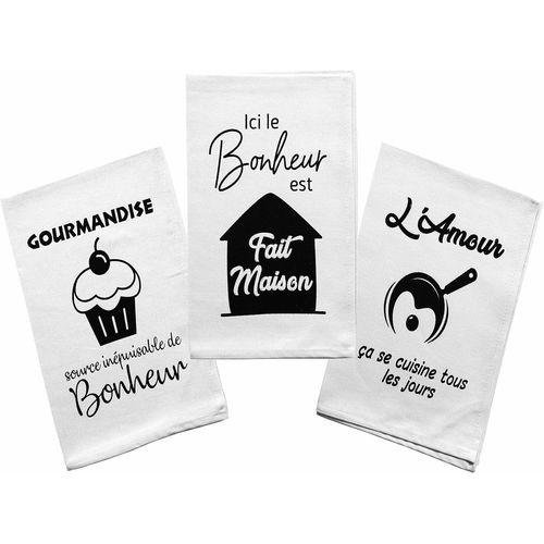 Eryi-Lot De 3 Torchons De Cuisine 100% Coton. Torchon Vaisselle Blanc Et Noir Original Fantaisie. 3 X Chiffon, Serviette, Essuie Main Pour Offrir En Cadeau  Noel, Crmaillre, Ftes Des Mres / Pre