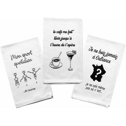 Eryi-Lot De 3 Torchons De Cuisine 100% Coton. Torchon Vaisselle Blanc Et Noir Original Fantaisie. 3 X Chiffon, Serviette, Essuie Main Pour Offrir En Cadeau  Noel, Crmaillre, Ftes Des Mres / Pre
