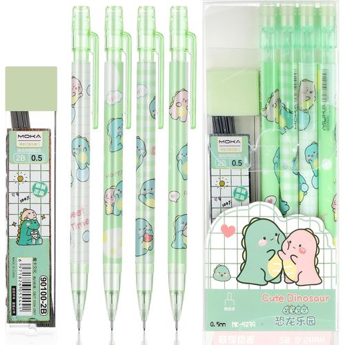 Eryi-Lot De 4 Porte-Mines Mignons De 0,5 Mm Avec 1 Tube De Recharge, Fournitures De Bureau Pour La Rentre Scolaire, L'criture, Le Dessin, Les Croquis (Vert)