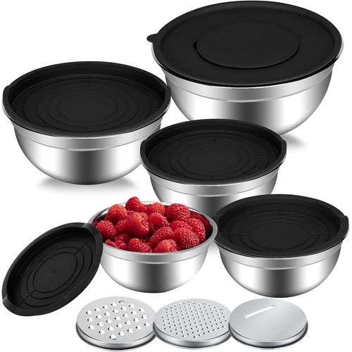 Eryi-Lot De 5 Saladiers Avec Couvercles Hermtiques, Bols  Salade Inox, Ensemble De 5 Bols Mlangeur Saladier En Acier Inoxydable, De Cuisine Multifonctionne Avec 3 Rapes, Sont Sans Bpa