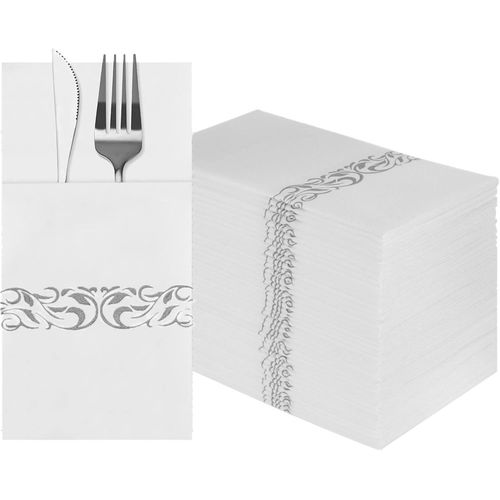 Eryi-Lot De 50 Serviettes De Table Blanches Jetables Au Toucher Lin Avec Poche Intgre Pour Couverts - Serviettes En Papier Argent Pour Fte, Mariage