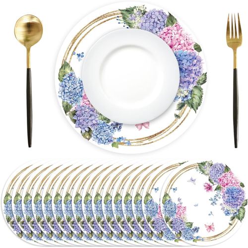 Eryi-Lot De 50 Sets De Table En Papier Rond, Hortensia Sets De Table Papier, Papillon Fleur Sets De Table Jetables,  34 Cm, Dcoration Pour Table, Anniversaires, Mariages, Vacances, Ftes