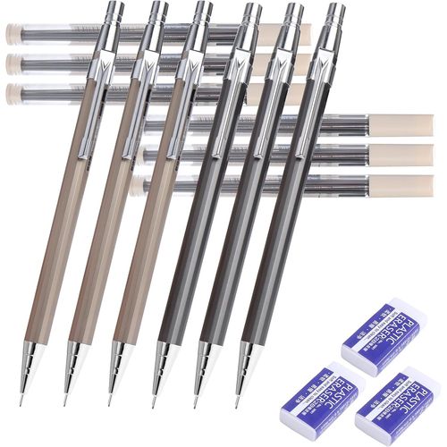 Eryi-Lot De 6 Porte Mines Set, Crayon Mcanique Set Avec 6 Tubes Recharges De Plomb + 3 Gommes Pour crire, Dessiner, Esquisse, Charpentier