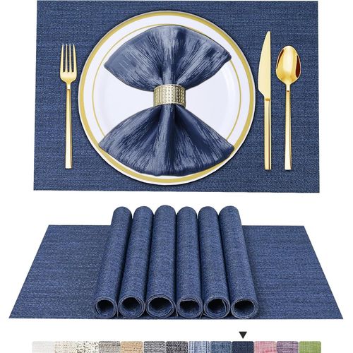 Eryi-Lot De 6 Sets De Table , Set De Table En Vinyle Tiss Bleu Fonc, Set De Table Lavables Et Durables, Tapis De Table  Usage Intrieur/Extrieur