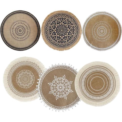 Eryi-Lot De 6 Sets De Table, Set De Table Jetable, Jute Tisse Avec Pompon Mandala, Sets De Table Peut tre Utilis Comme Accessoires De Tir Et Dcorations De Table